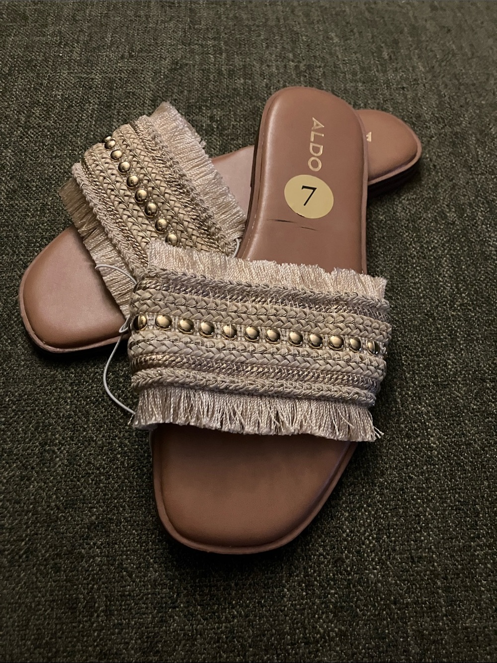 ALDO Taupe Beaded Fringe Slide Sandals